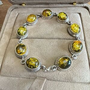 Handmade sterling green yellow amber stone bracelet signed v-8